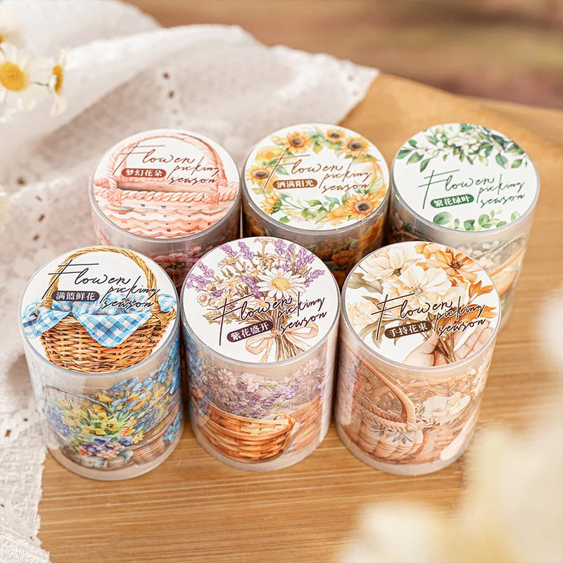 1Roll PET Tape Flower Picking Flowers Season Series Flower Basket Theme Handbook Collage Bottoming Decoration Stickers