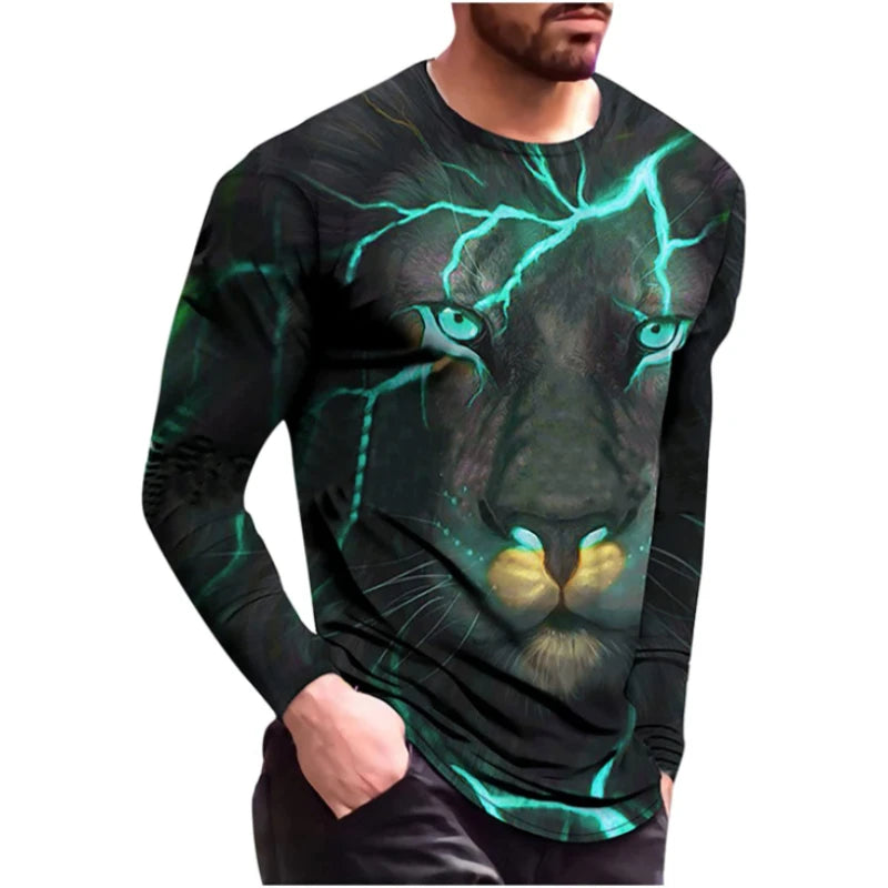 Fitspi Mens Tops Fashion 3D Lion Animal Printed Casual Long Sleeve T-Shirts for Men Graphic Tee Round Neck Pullover