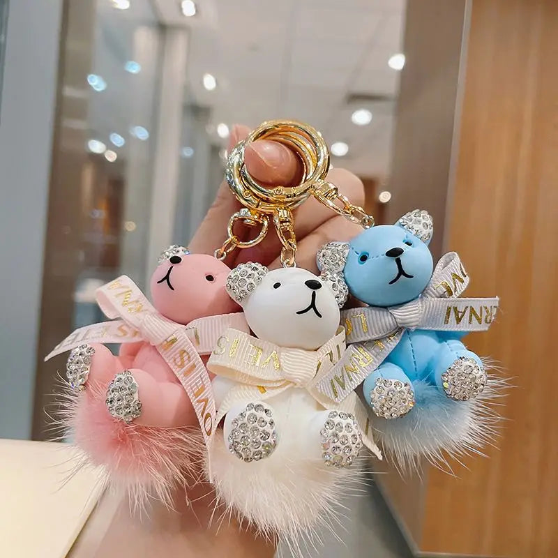 Couple Cartoon Bear Pendant Crystal Rhinestone Key Chains Car KeyRing Bling Gift Kawaii Backpack Charms Cute Teddy Bear Keychain