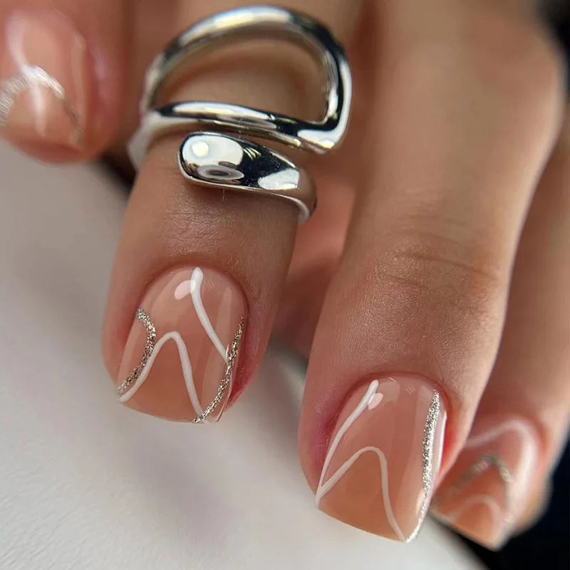 Fake Nail Wholesale Price 24 Piece Short square Silver Glitter Press on Nails Full Cover Nail Tips