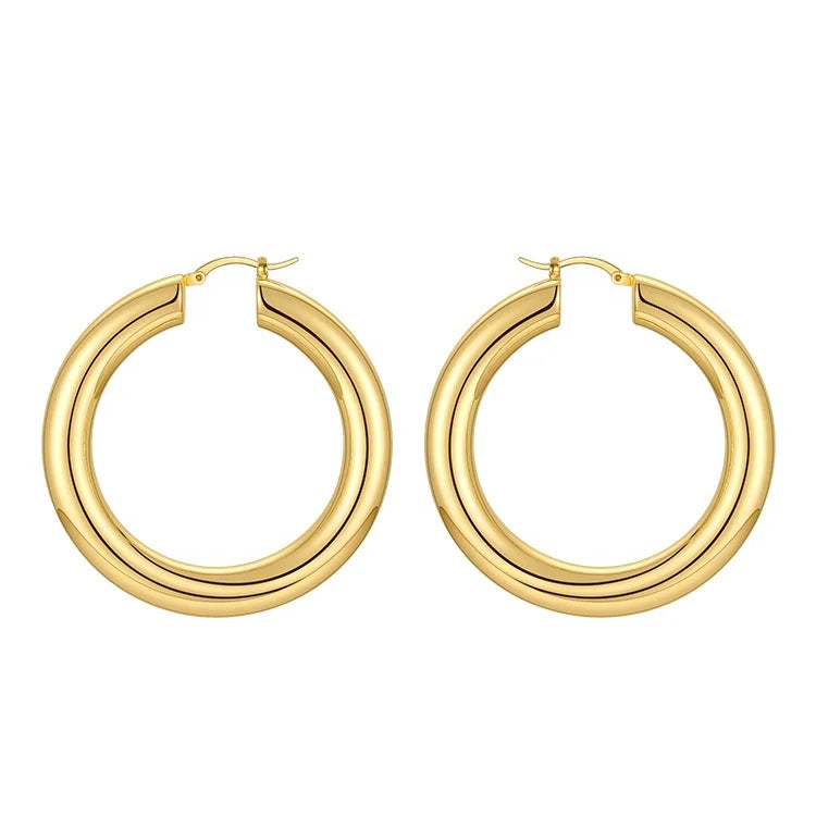High Quality 18K Gold Plated Brass Jewelry Large Hollow Tube Round Hoop Earrings E211289