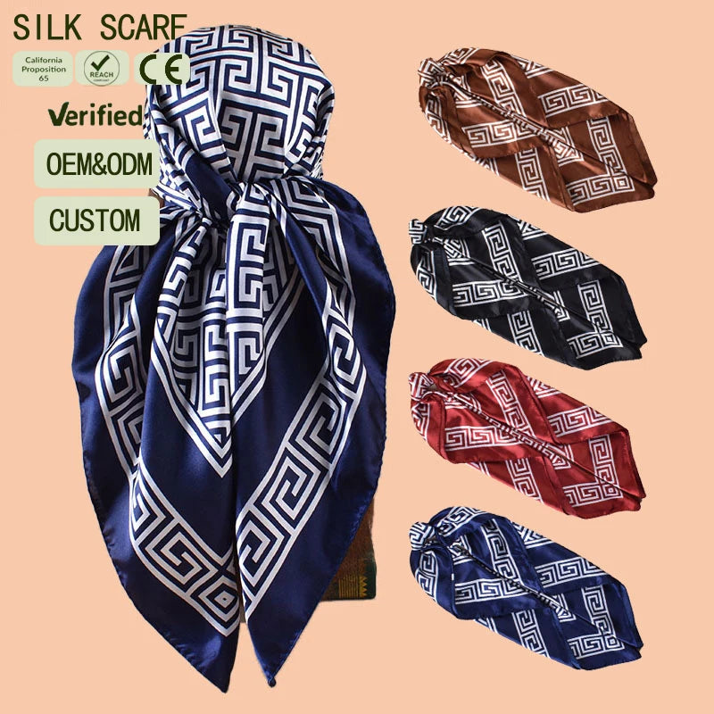 Greek Key Geometric Imitation Silk Square Scarf | Multicolor Satin Head Scarf Custom OEM ODM