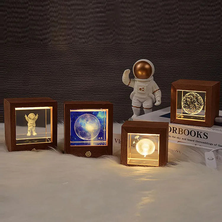 Crystal Cube  Creative Ornaments Wooden Led Base  3D Night Lights Wholesale Decoration