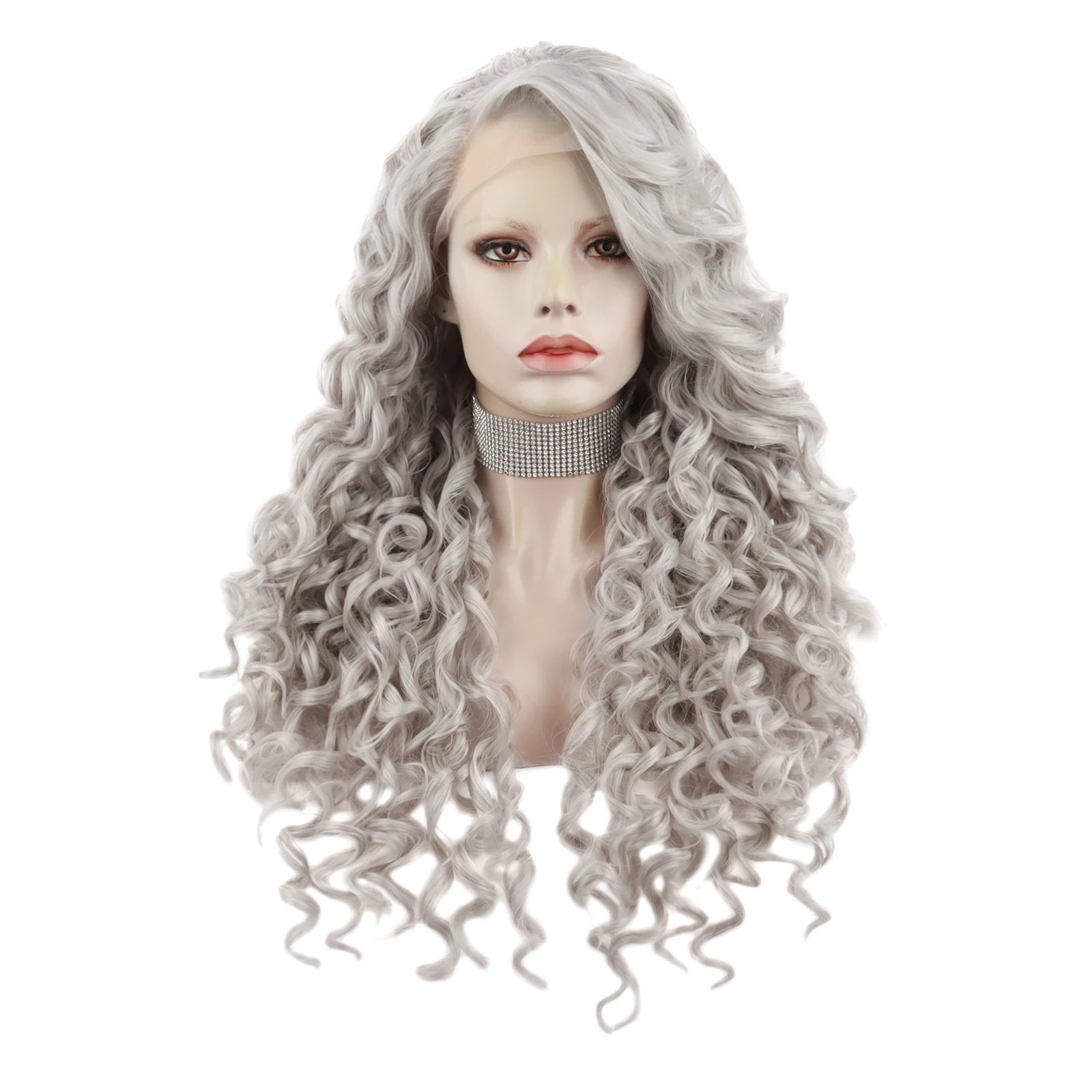 Celebrity Soft Grey Curly Futura Heat Resistant Henlon Fibre Transparent Synthetic Hair Lace Front Party Wigs