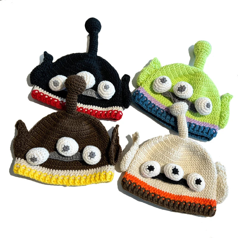 Funny Beanie Cap Warm Winter Hat Distressed Knit Hat Cute Winter Cap Woolen Caps Cartoon Three-eyed Monster Beanie Hat