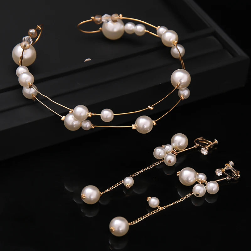 New Handmade Beauty Hair Accessories New Pearl Hair Vine Bridal Headpiece Set With Earrings