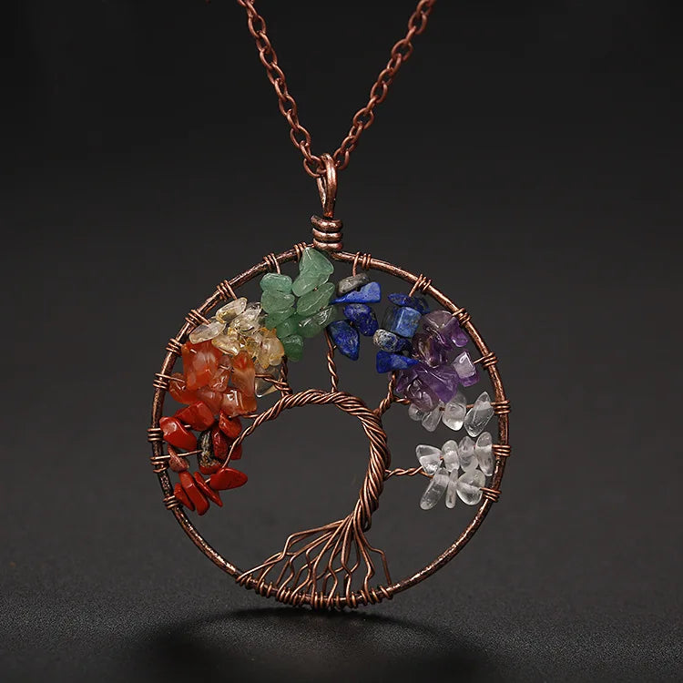 Women Tree of Life Pendant Necklace Jewelry Amethyst Rose Chakra Crystal Gemstone Necklace