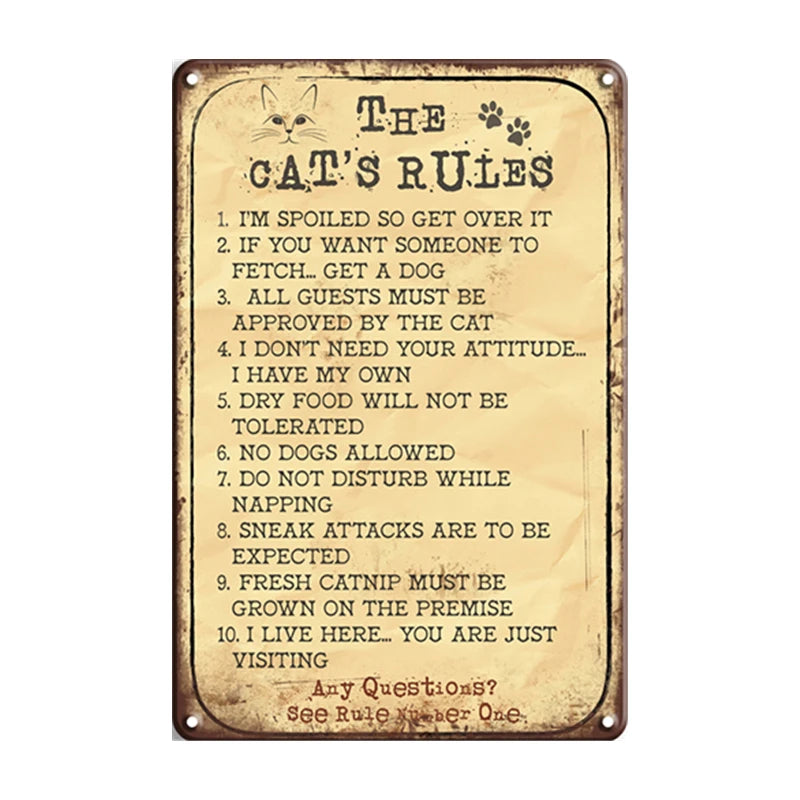 The Cat's Rules Metal Sign Plaque Vintage Tin Sign Retro Poster Decoration for Living Room Pet Shop Wall Decor Love Animal