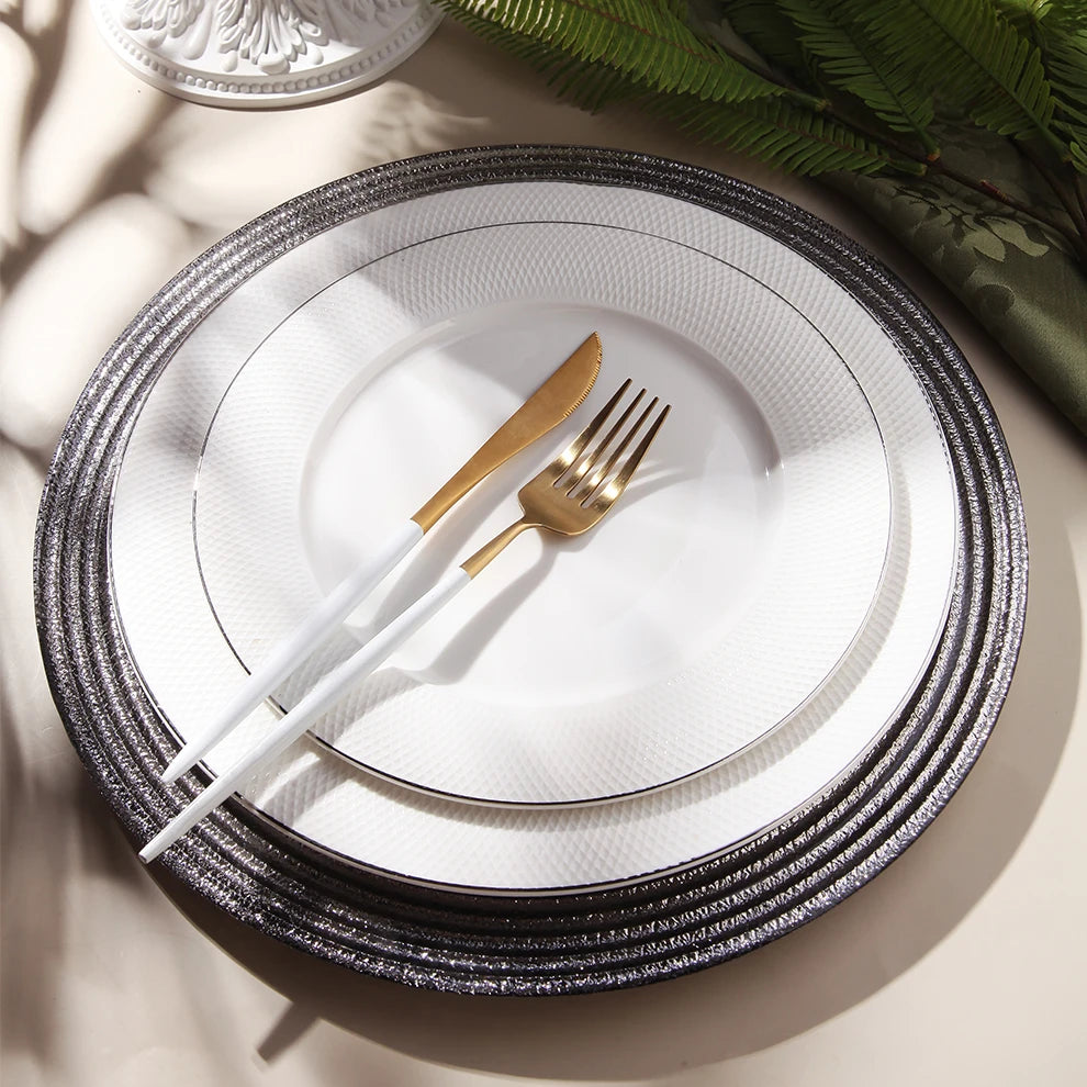 Shengjing Special Solid Luxury White Porcelain Ceramic Dinner Plate Silver Rim Eco-Friendly Modern for Wedding Restaurant Use