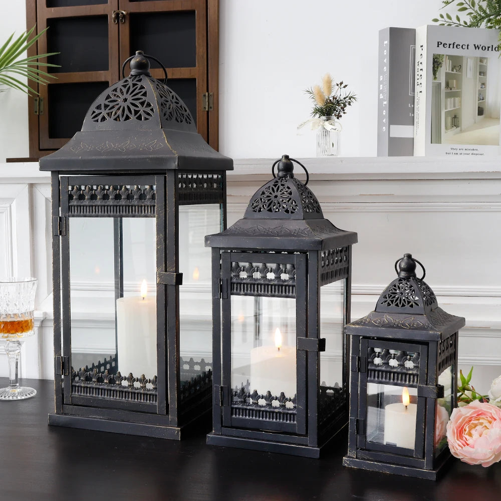 Set of Three Outdoor Big Candle Lantern Retro Style Chandelier Metal Candle Holder Lantern for Patio Yard Garden