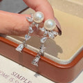 Anti Allergy Design Platinum Plated AAAA Crystal Flower Tassel Earrings 8-9mm Natural White Freshwater Pearl Long Earrings