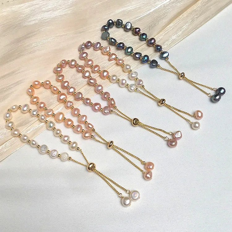 G652 Adjustable 14K Gold Plated Charms Natural Baroque Freshwater Pearl Bracelet