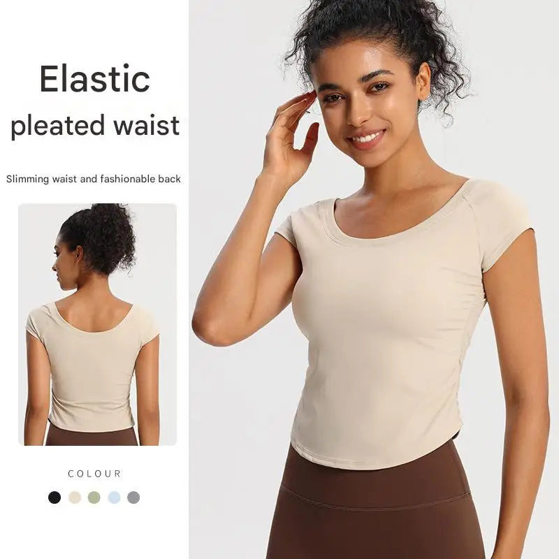 Women's Lightweight Breathable Gym Yoga Top Short Sleeves & Tight Fitting High Elasticity Draw String Design Sustainable Fashion