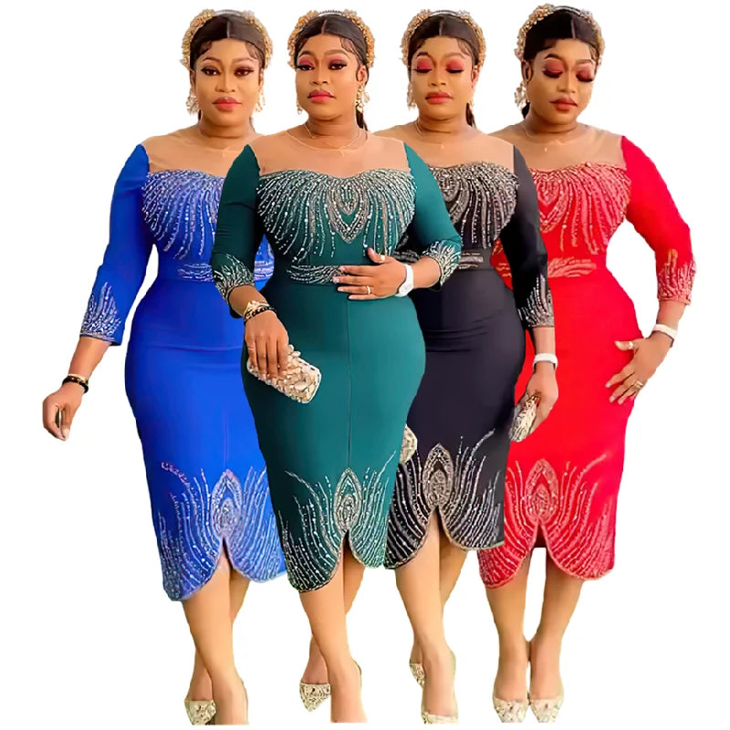 8619# Luxury Plus Size Party Dresses Women Casual Beaded Rhinestone Evening Dress Africa Church Dresses for Women
