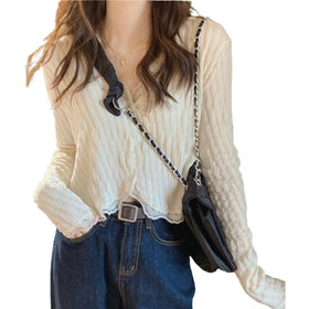 Design Sense With Sweet Temperament Slimming Top Lace Shirt Women T Shirt Full Sleeves Korean Shirts