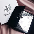 Luxury Custom Tir-fold Black Velvet Hardcover Booklet Box Wedding Invitation with Silver Mirror Acrylic Buckle Card