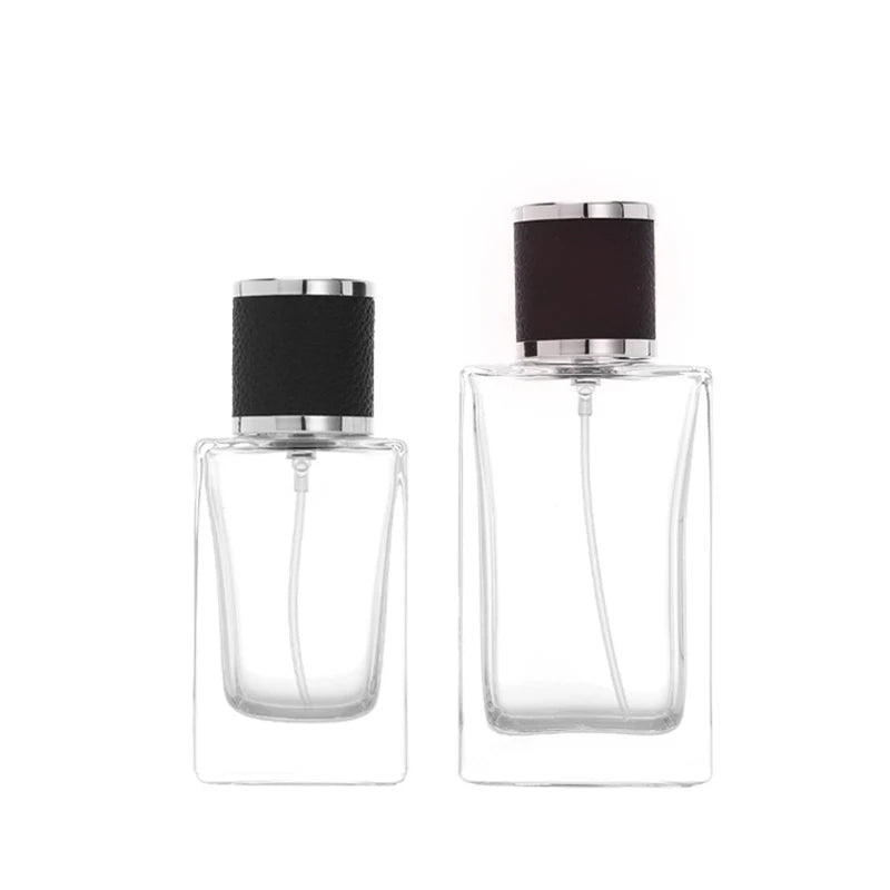 Wholesale Square Glass Perfume Spray Bottle 30ml 50ml Portable Refillable Black Leather Cap Screen Printing