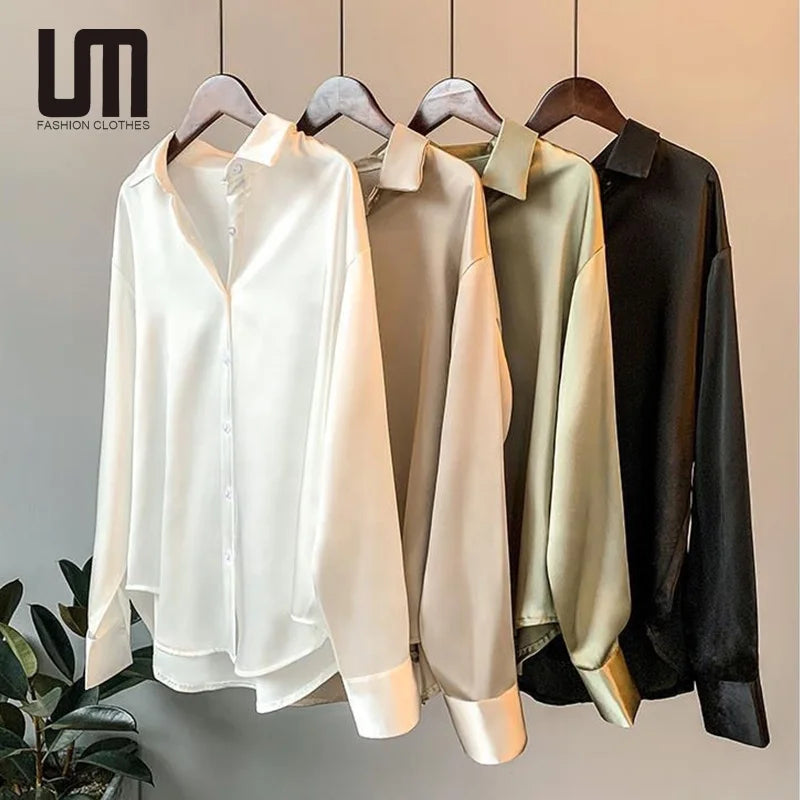 Liu Ming Cheap Spring Summer Women Fashion Long Sleeve Turn Down Collar Satin Tops Shirt Blouse