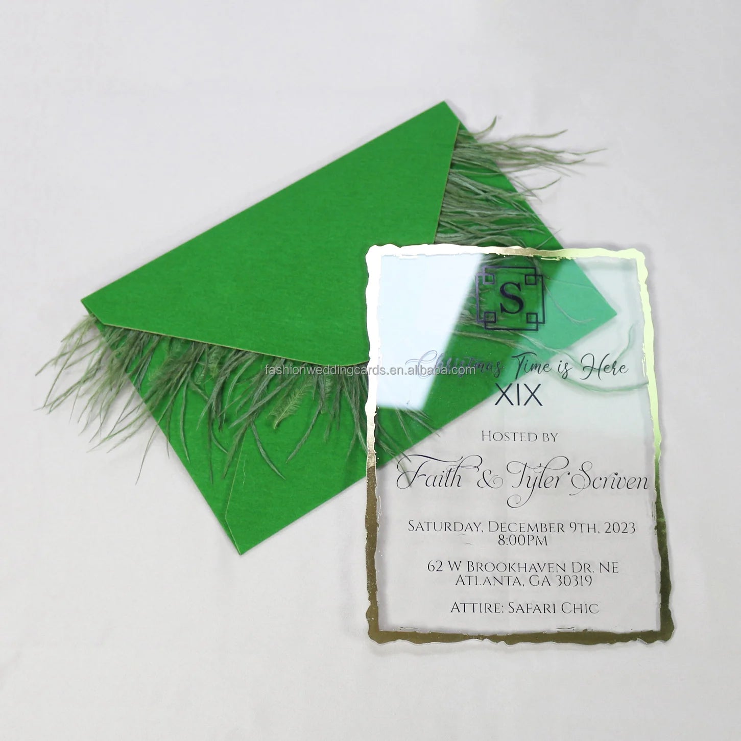 2026 Newest Chic Feather Design Custom Color Velvet Envelope Clear Acrylic Invitations Luxury Wedding Acrylic Invitation Cards
