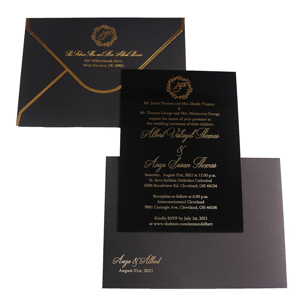 Luxury Gold Foil Black Acrylic Invitations Handmade Elegant Wedding Birthday Acrylic Invitation Card With Envelope