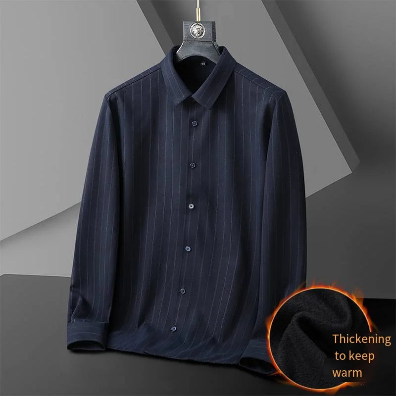 2026 New Large Size High Elastic Lint Thickened Warm Long Sleeve Shirt Men's Loose Large Shirt