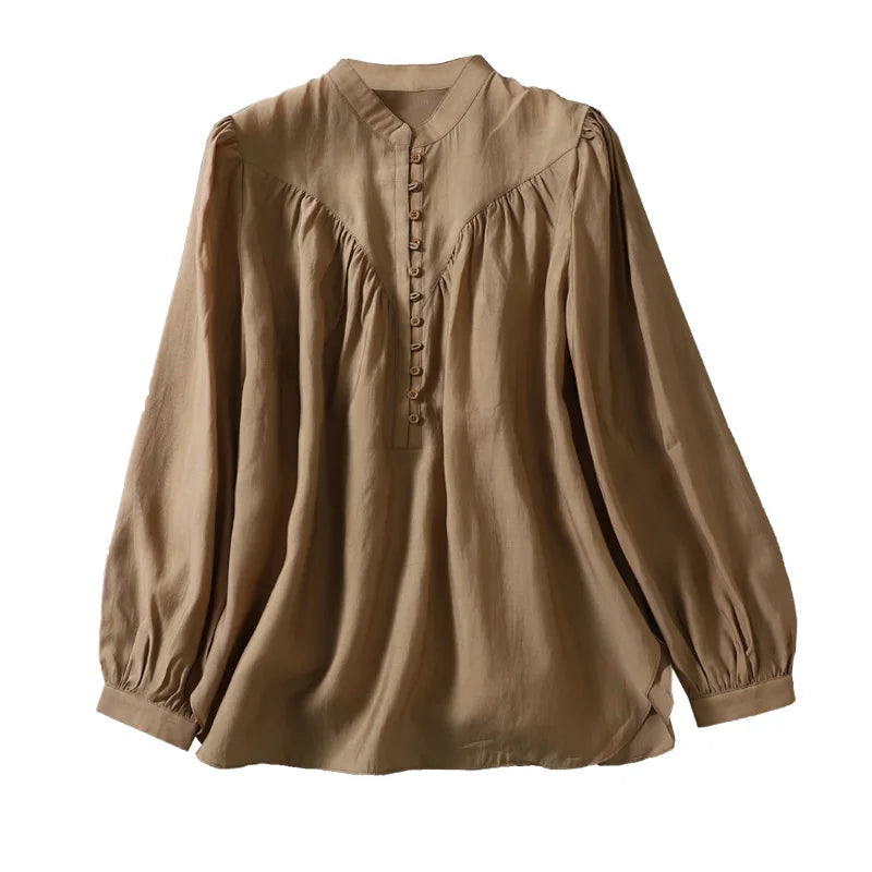 Classical Oriental Beauty Spring/Summer New Style Temperament Standing Neck Lantern Sleeve Shirt Silk Long Sleeve Shirt