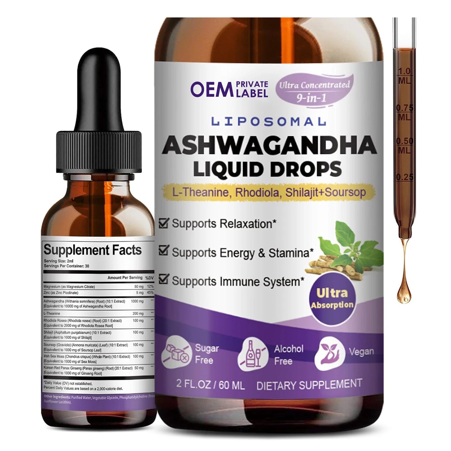 OEM Ashwagandha Root Extract Liquid Supplement Drops Nervine Neuroprotective for Adults Helps Alleviate Stress Regulate