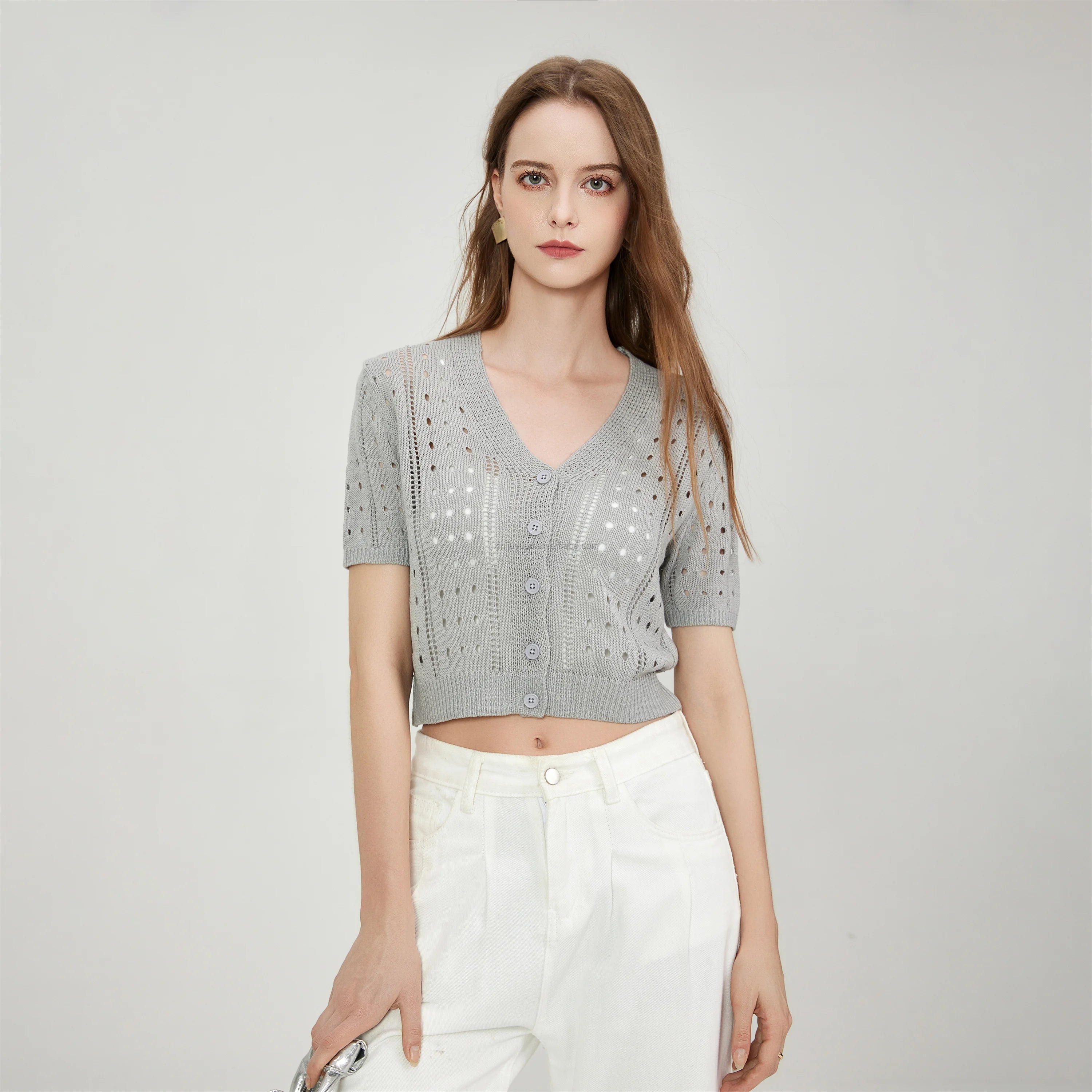 Women's V-Neck Button Short-Sleeved Knit Top Sweater Cardigan Jacket Hollowed-Out Cropped Design