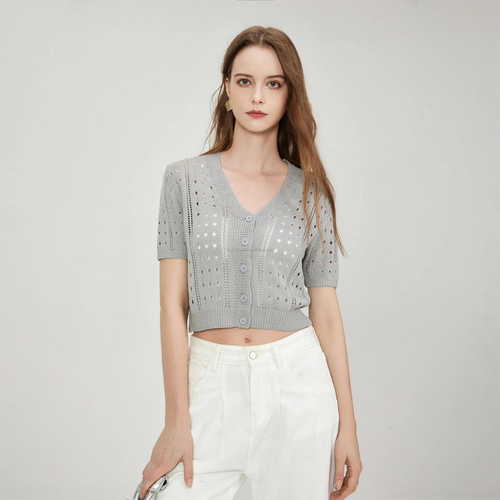 Women's V-Neck Button Short-Sleeved Knit Top Sweater Cardigan Jacket Hollowed-Out Cropped Design