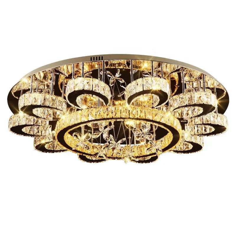 Luxury Remote Control Crystal Ceiling Lamp Semi-Recessed Stainless Steel Base for Room Decoration
