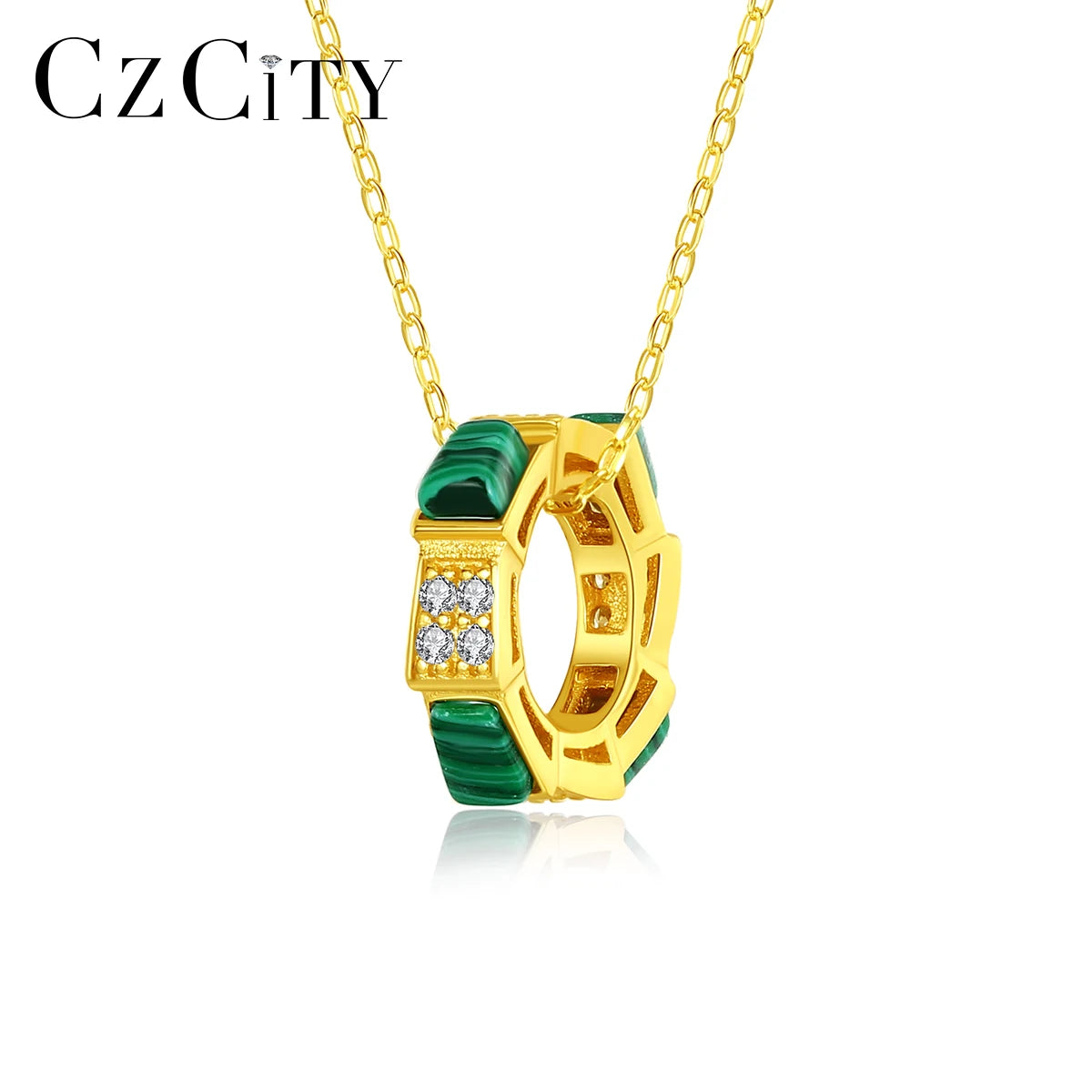 CZCITY Engraved Round Circle Pendant Necklace Silver Chain 925 Gem Stone Malachite Necklace