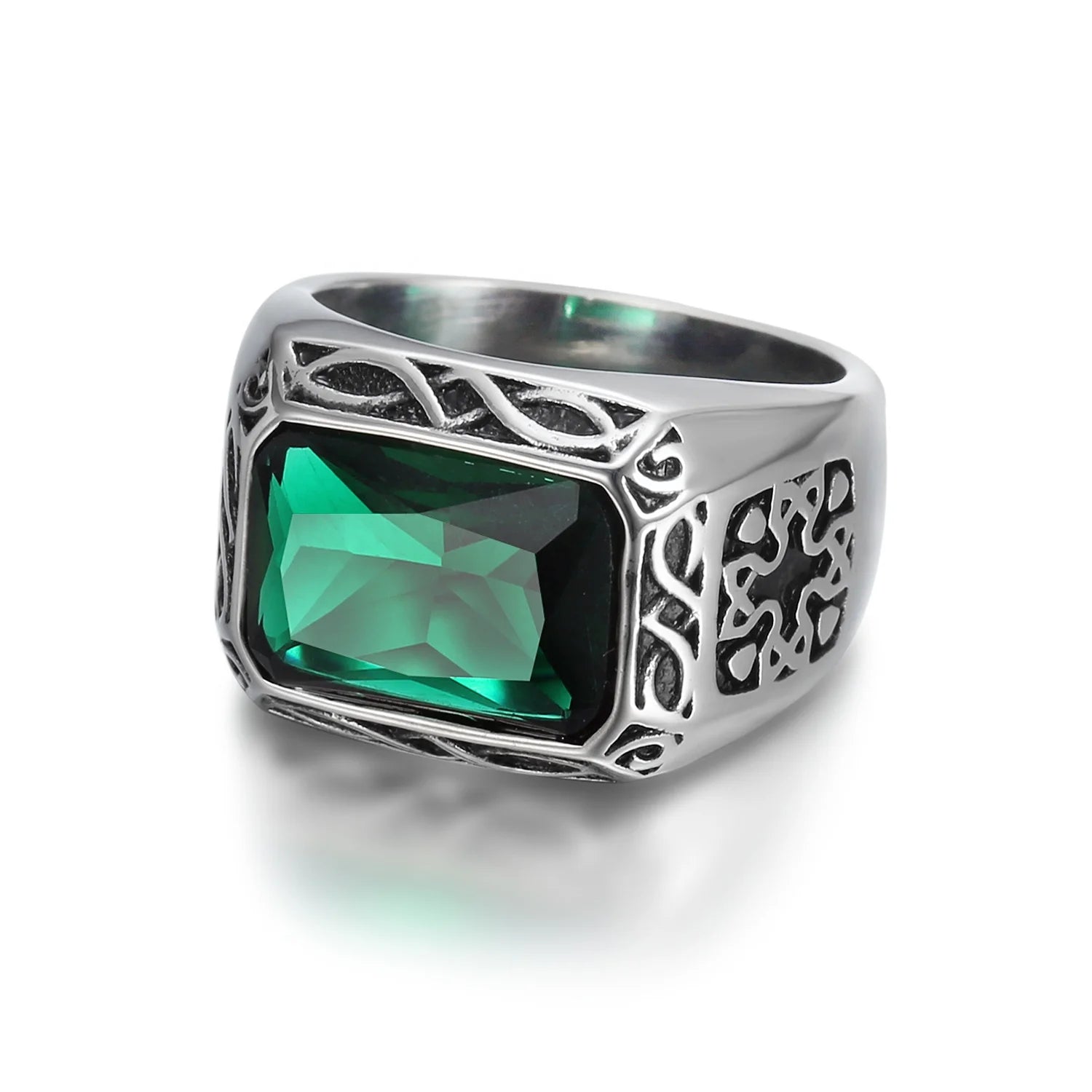 Cool Fashion 316 Stainless Steel Vintage Silver Mystic Knot Natural Raw Stone Ring Green Gemstone Rings for Men