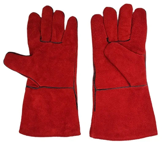Red Color 5-Finger Cowhide & Cotton Oven Mitts BBQ Mitten Heat Resistant Easily Cleaned for Oven Use