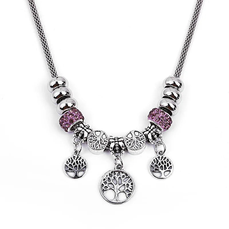 Vintage Tree of Life Beaded Necklace Bohemian Style Stainless Steel Tree of Life Zircon Pendant Necklace