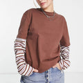 Custom Logo Regular Fit Tee Women's Double Layer T-Shirt Comfort Tee T-shirt for Women Round Neck Striped Long Sleeve Layered