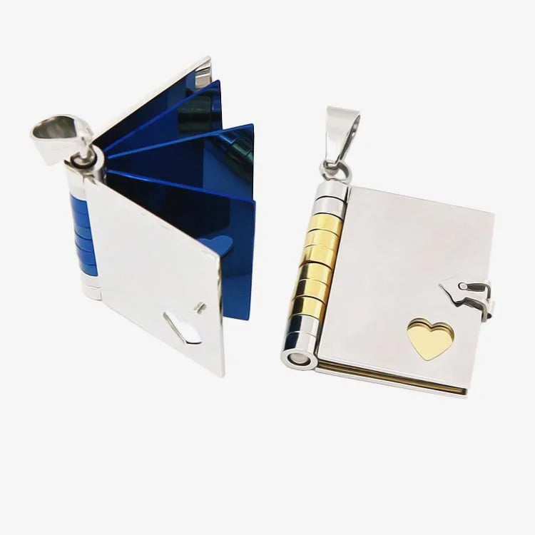 Hot Sale Engraved Stainless Steel Love Letter Openable Book Shaped Pendant Couple Necklace Bijoux Femme Tendance