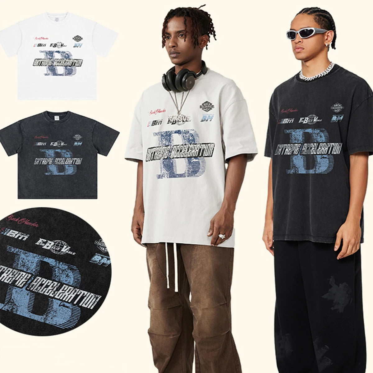 American Fashion Racing Slogan Printed 100% Cotton Loose round Neck Short Sleeve T-Shirt for Men 270G