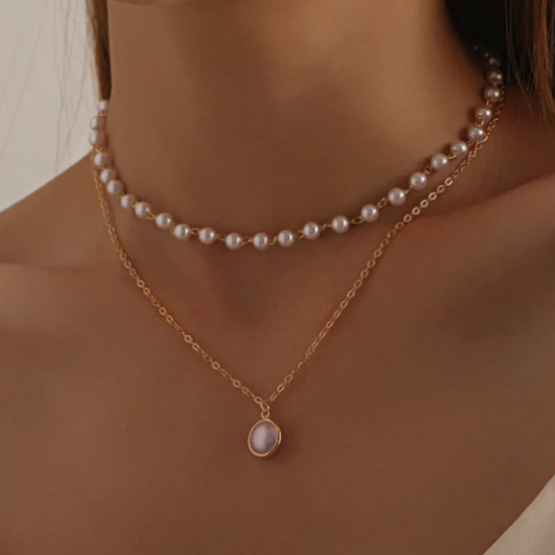 New Fashion Kpop Choker Necklace Cute Double Layer Chain Baroque Pearl Pendant for Women Charm Bead Wedding Jewelry Girl Gift