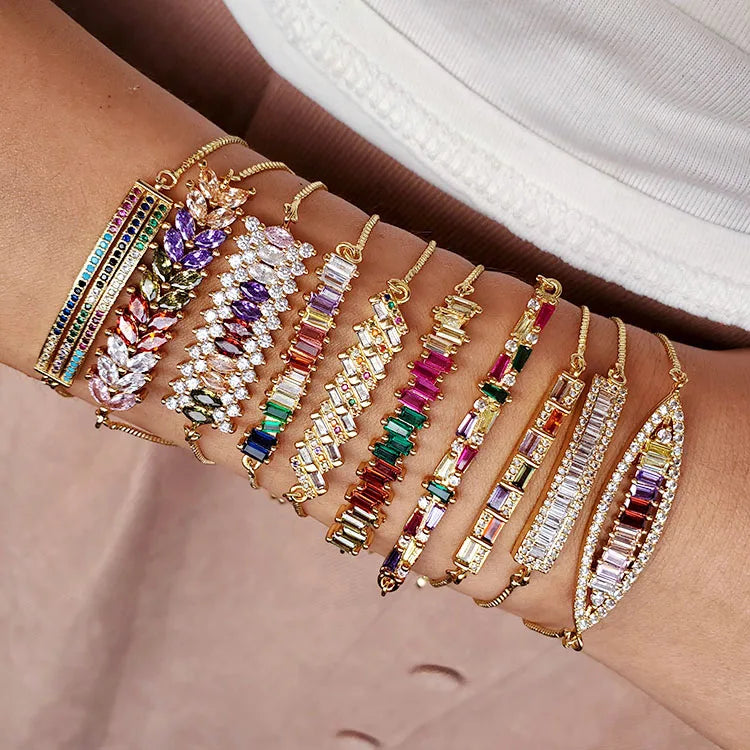 BC1273 Fashion Gold Plated Colorful Zircon Leaf Crystal Bracelet CZ Baguette Bar Tennis Rainbow Charms Bracelet for Jewelry