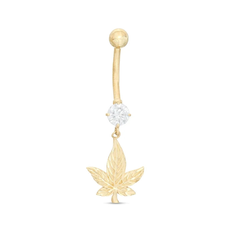 Body Piercing Jewelry Popular 5mm CZ&Diamond-Cut Leaf Dangle Belly Button Ring Factory Manufacturer 925 Silver Gold Navel Rings