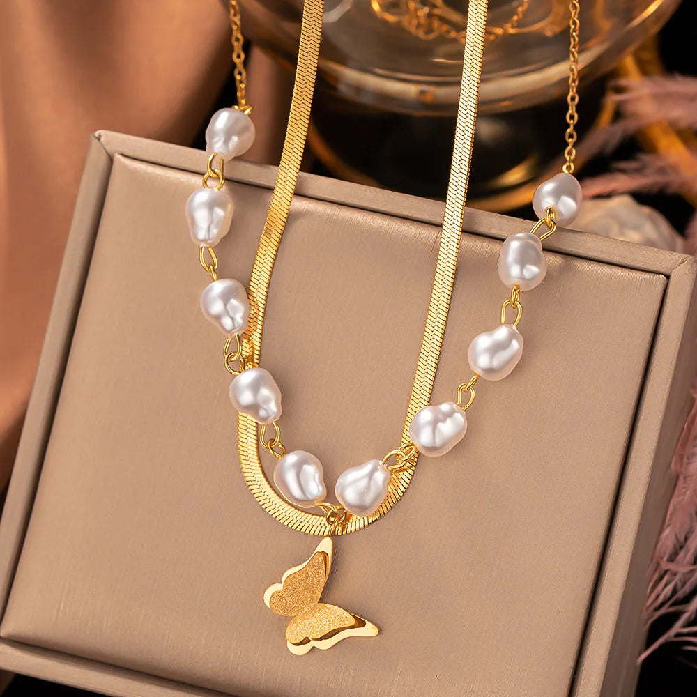 Ins Hip Hop Niche Design  Gold Plated Snake Bone Chain  Double Pearl Bead Wedding Necklace Stainless Steel Butterfly Necklace