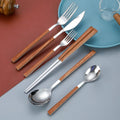 Stainless Steel Wood Grain Handle Cutlery Knife Fork Spoon Chopsticks 5 Pcs Wedding Gold Cutlery Set