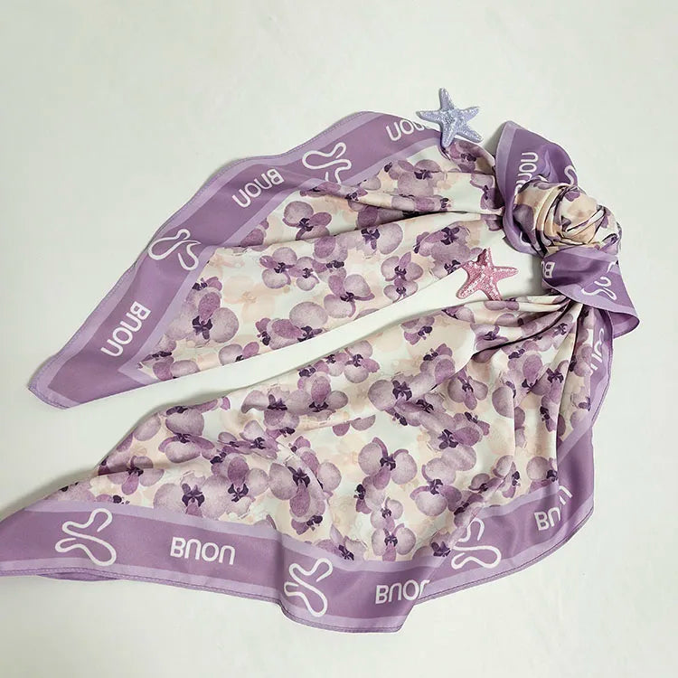 Direct Jet Printing Color Polyester Fruit Print Purple Soft Silkfeeling Square Scarf for Women