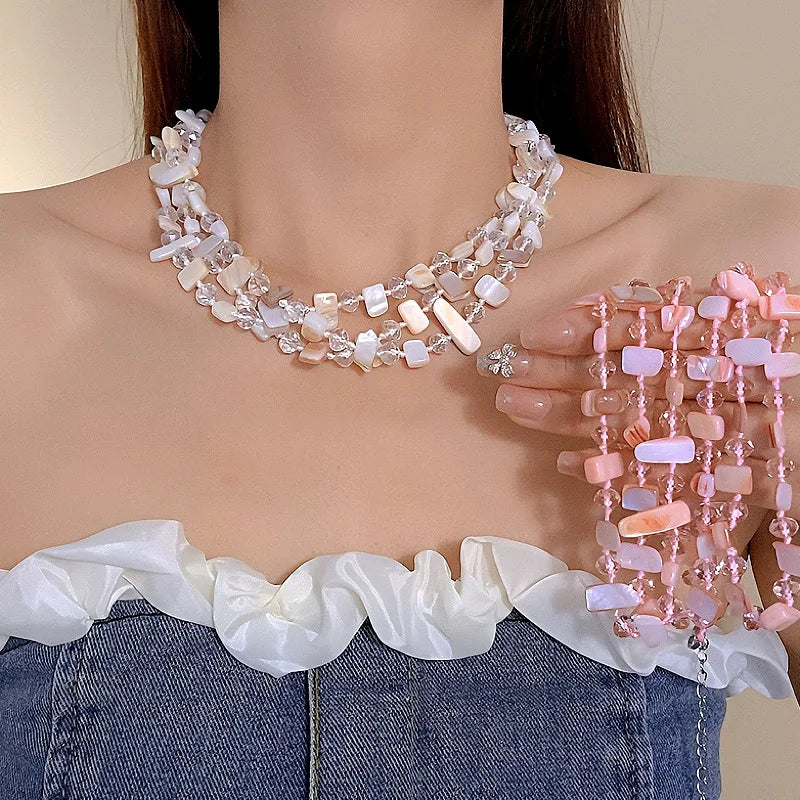 New Arrival Handmade Shell Crystal Beaded Three Layers Multi Boho Shell Choker Necklace for Women