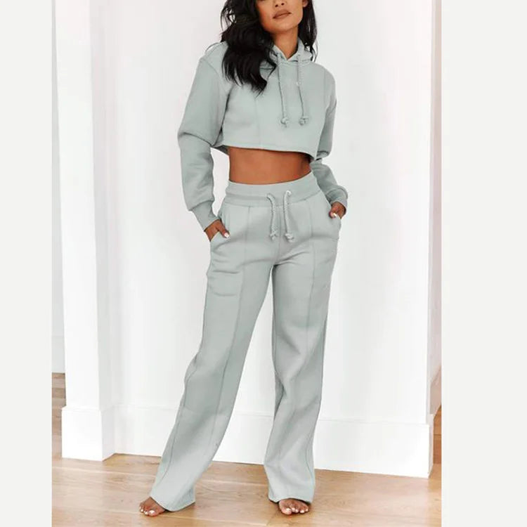 Custom Logo Outfits for Ladies Fleece Sweatsuit High Quality Tracksuit 2 Piece Cropped Hoodie an Sweatpants Jogging Suit Women
