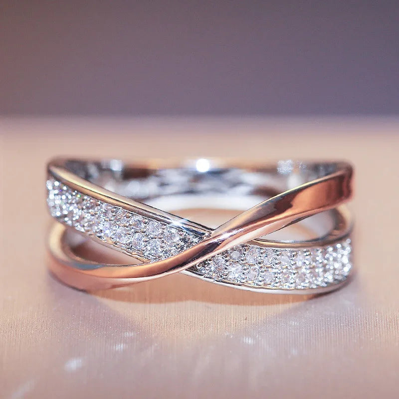 Fashionable Simple and Personalized X-shaped Dual Color Women's Zircon Copper Ring