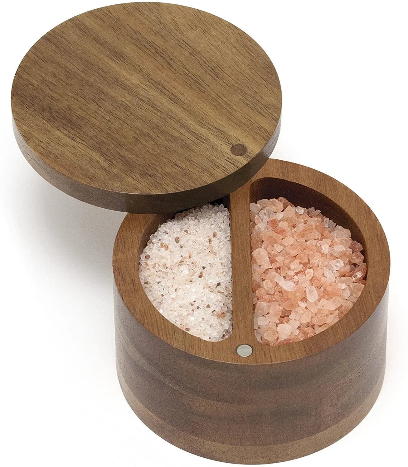 Natural Round Acacia Wood Tea Spice Container Salt and Pepper Pots Salt Cellar Wooden Storage Box With Magnetic Swivel Cover