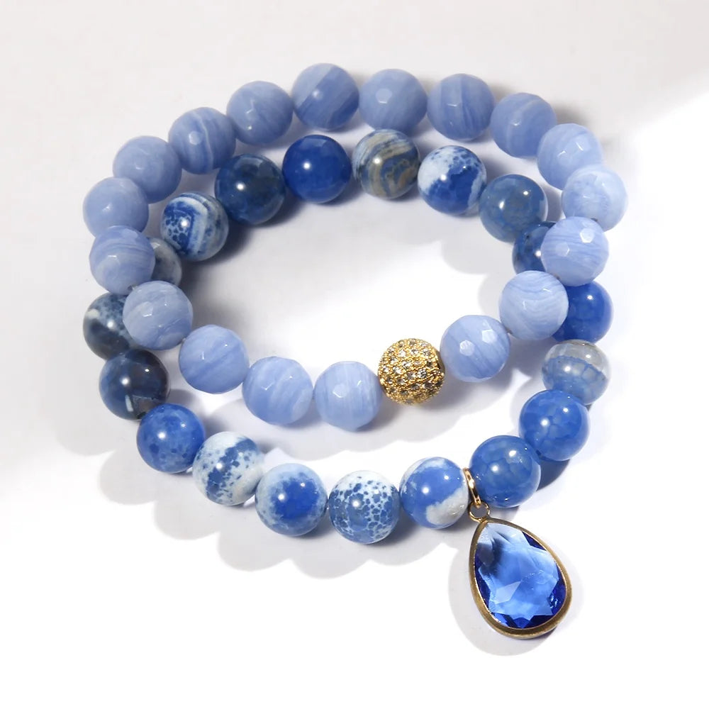 New Fashion Simple Women's Stretch Chip Bracelet  10mm White Howlite Agate Beaded 2pc Cubic Zircon Ball Elastic Bracelet Set