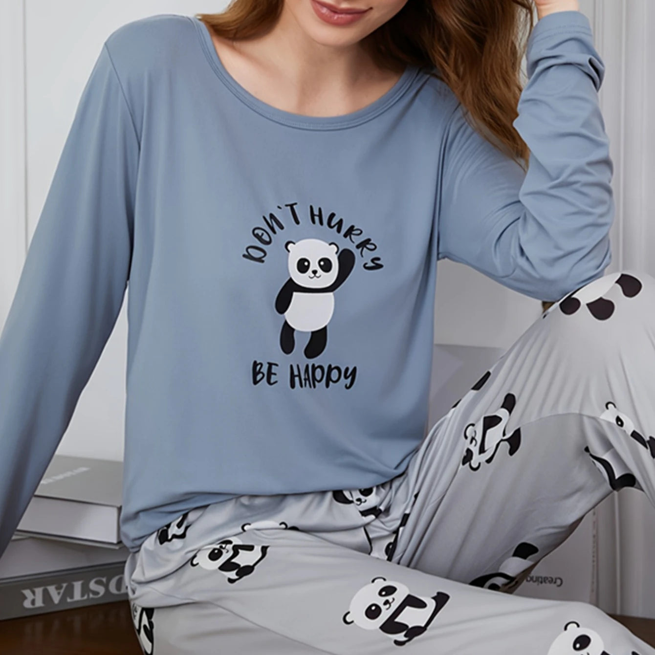 Women Pijama Lounge Wear Spring Panda Cartoon Printed Nightwear Female Long Sleeve Girl Pajamas Soft Two Piece Sleepwear Set