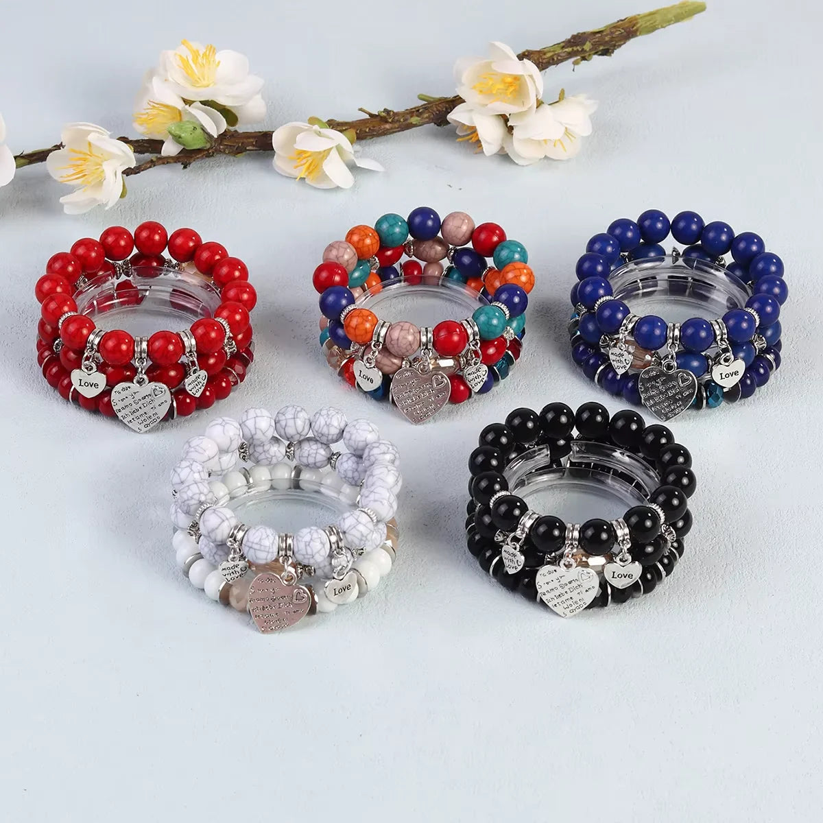Fashion Boho Jewelry Crackle Glass Bead Heart Alphabet Pendant Stack Multi Layered  Bracelet for Men